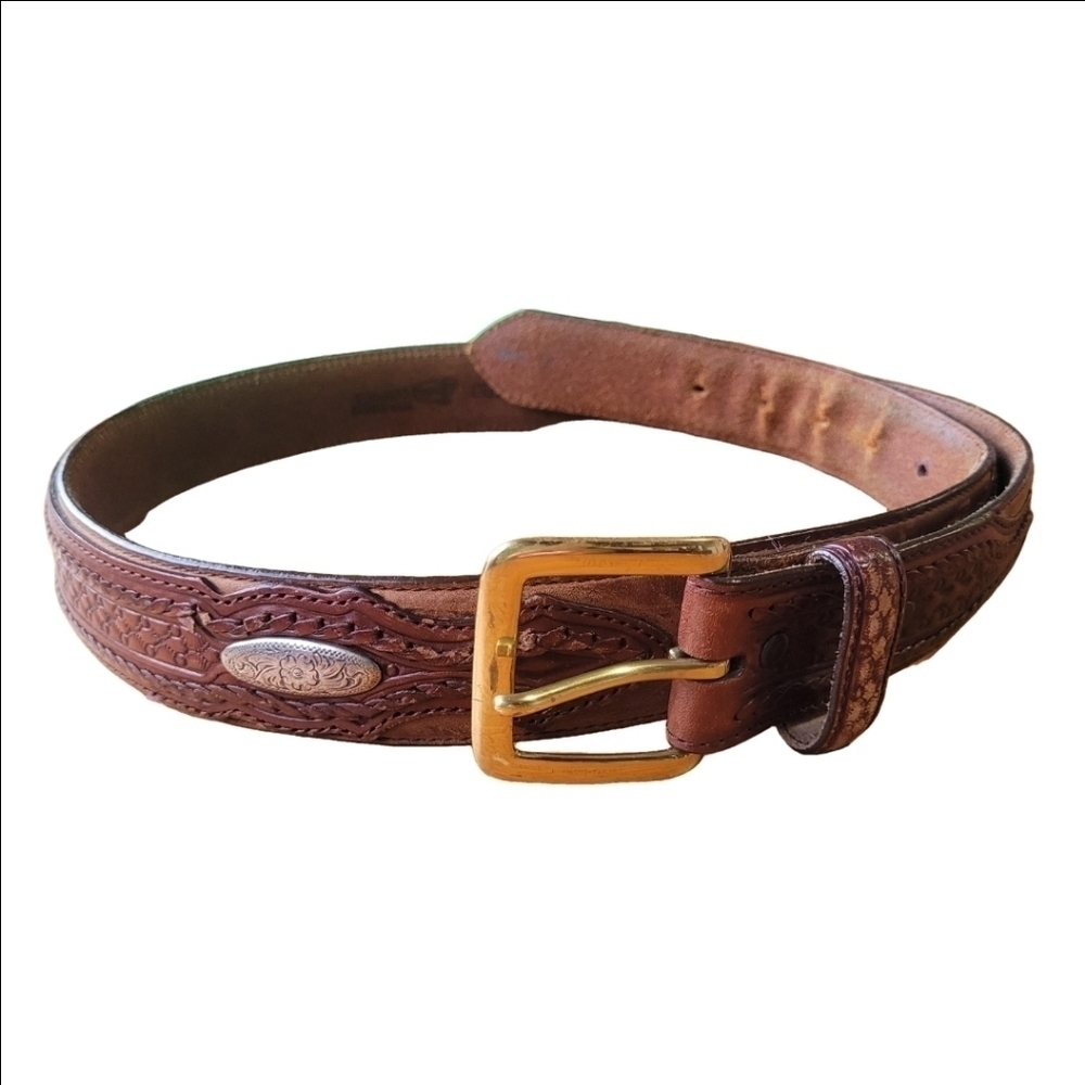 Justin Brown Leather Belt With Brass Buckle